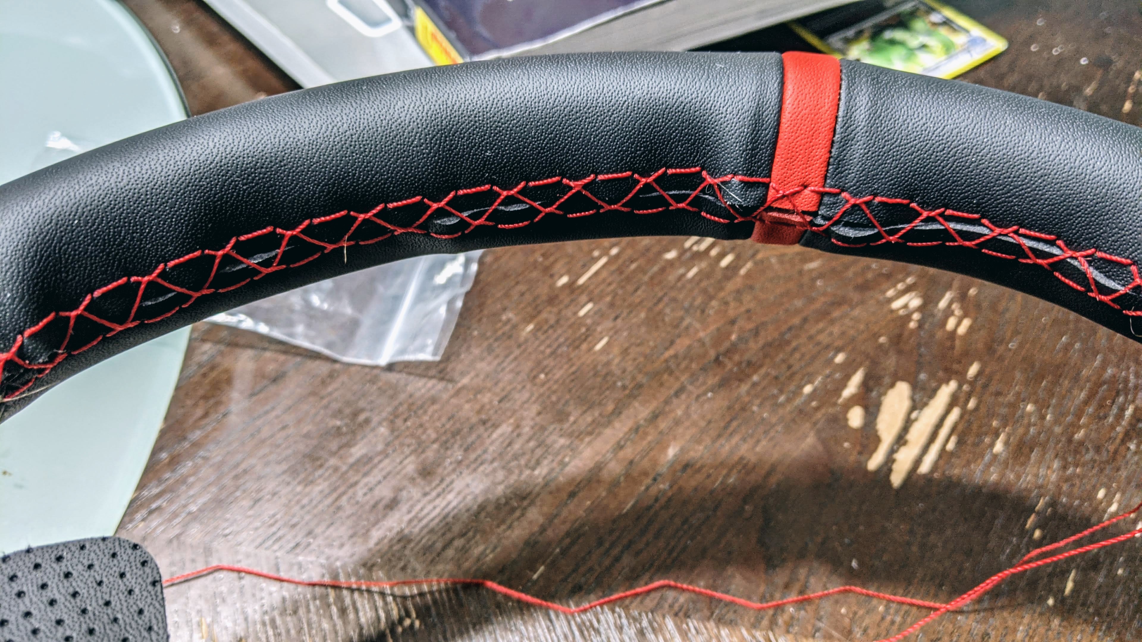 Custom Steering Black Grain Leather Steering Wheel Cover For VW T5.1 Van (2010-2015) – Red Stitch